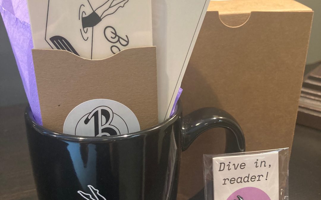 Booksweet diver mug, diver pin, and gift card