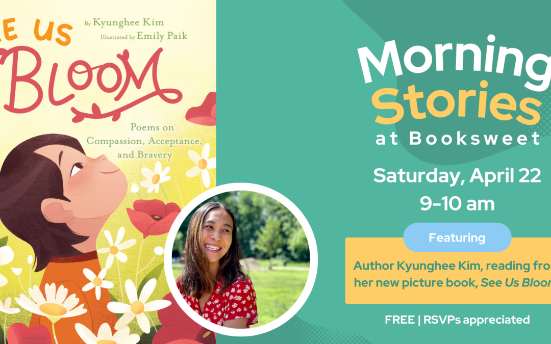 Graphic design featuring See Us Bloom Cover Art: an illustration of a child sniffing a flower and an author headshot.
