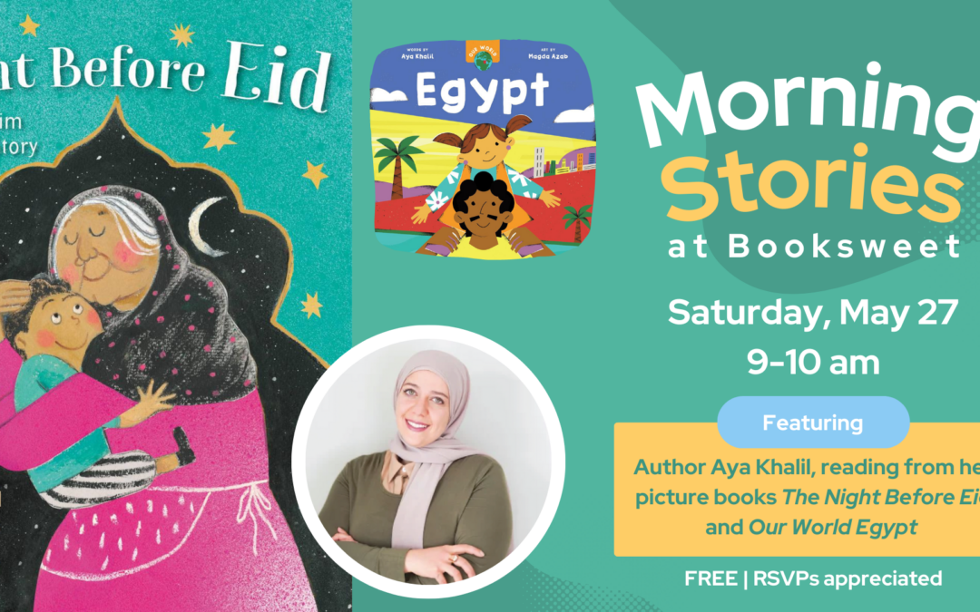 A photo of Aya Khalil, a smiling woman wearing a hijab, with her books: The Night Before Eid and Our World Egypt.