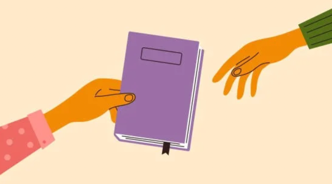 An illustration of one hand passing a book to another.