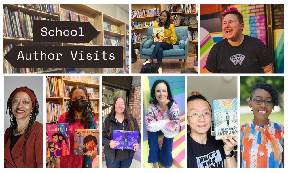 A collage of author photos with text: School Author Visits